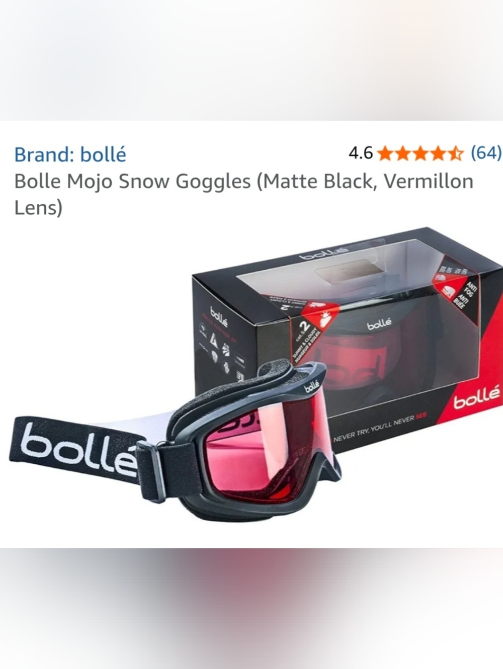 Bolle Mojo Snow Goggles - Shiny Black Frame with Vermilion Lens
